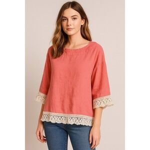 Bryn Walker Womens Blouse Top Coral Small 3/4 Sleeve Round Neck Crochet